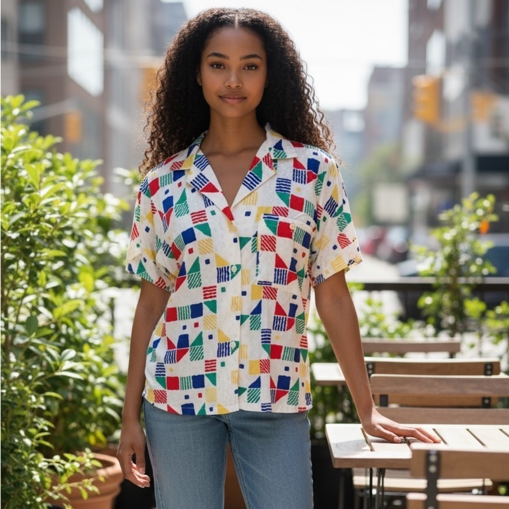 Colorful Vintage 80s Abstract Geometric Button Up Blouse Size M